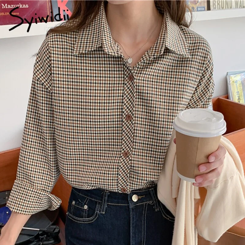 Syiwidii Vintage Plaid Button Up Blouses Women Turn-down Collar Long Sleeve Loose Clothing  Spring Korean Fashion New Shirts