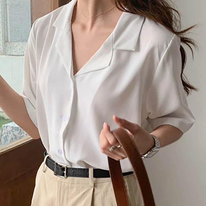 Awakecrm Women Shirts Blouses Summer Short Sleeve Button Up Casual Ladies Tops Summer Korean Fashion Shirts Blue White
