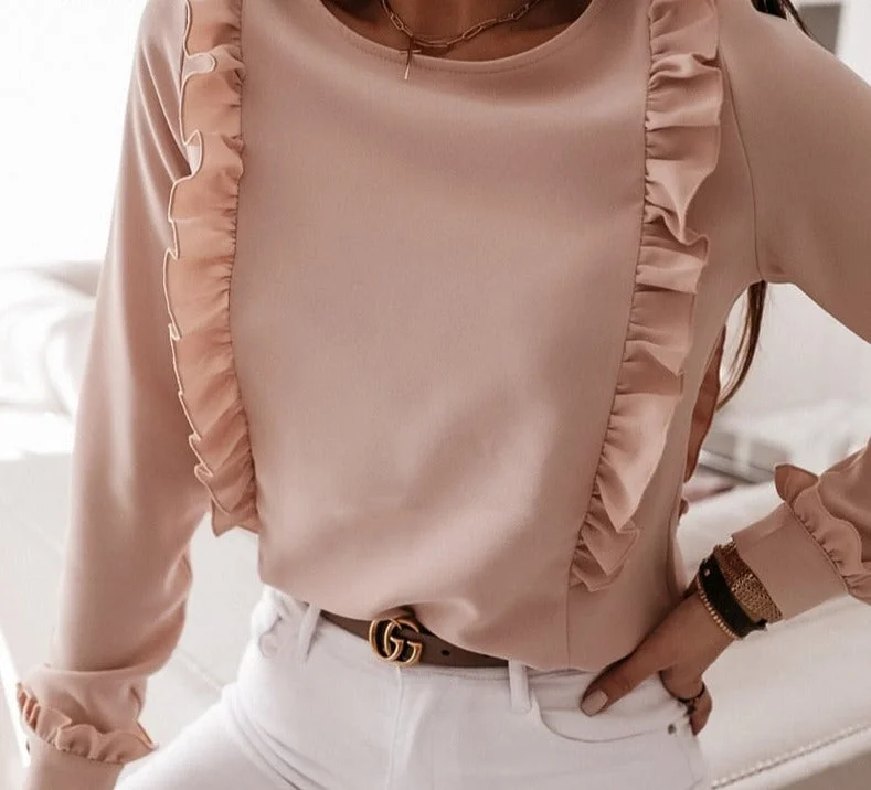 Awakecrm Spring Autumn O Neck Ruffle Blouse Shirts Elegant Office Lady Back Metal Buttons Blouses Casual Women Long Sleeve Blusa Tops 3XL