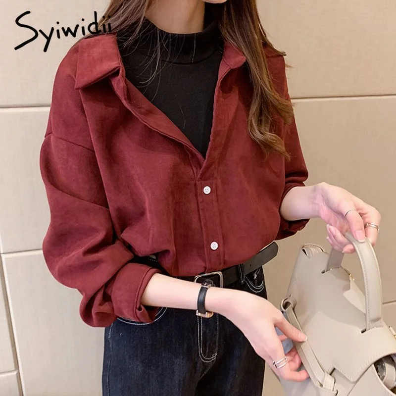 Back to College Syiwidii Corduroy Blouses Fake Two Pieces Shirt Clothing for Women Blouses Tops Vintage Korean Solid Red Yellow Casual