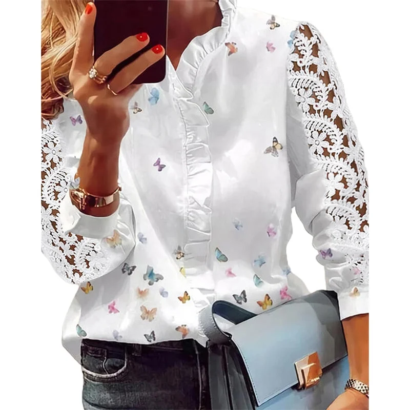 Awakecrm Women Elegant Fashion Butterfly Print Blouses Top Ruffled Trim  Casual Long Lace Sleeve Blouse