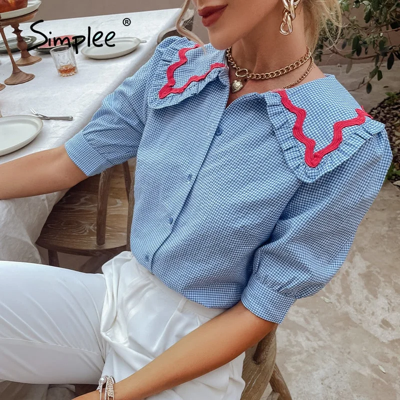 Simplee Holiday plaid cotton blouse shirt summer  Girlish doll collar women's short tops blue  Soft three quarter sleeve blouses