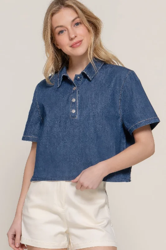 FASHNZFAB Women's Short Sleeve Boxy Denim Shirt