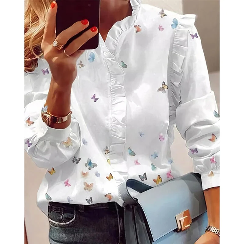 Awakecrm Women Elegant Fashion Butterfly Print Blouses Top Ruffled Trim Casual Long Sleeve Blouse