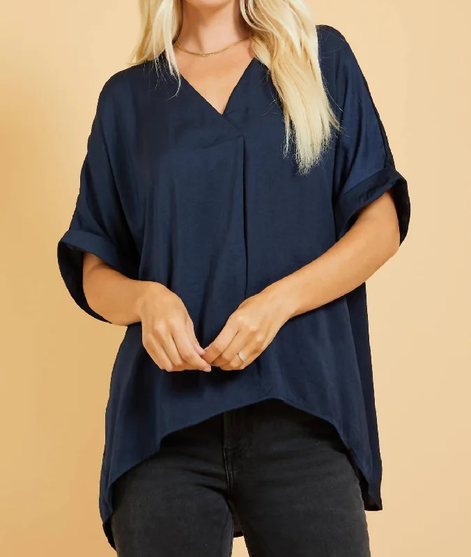 V-Neck High-Low Top In Navy