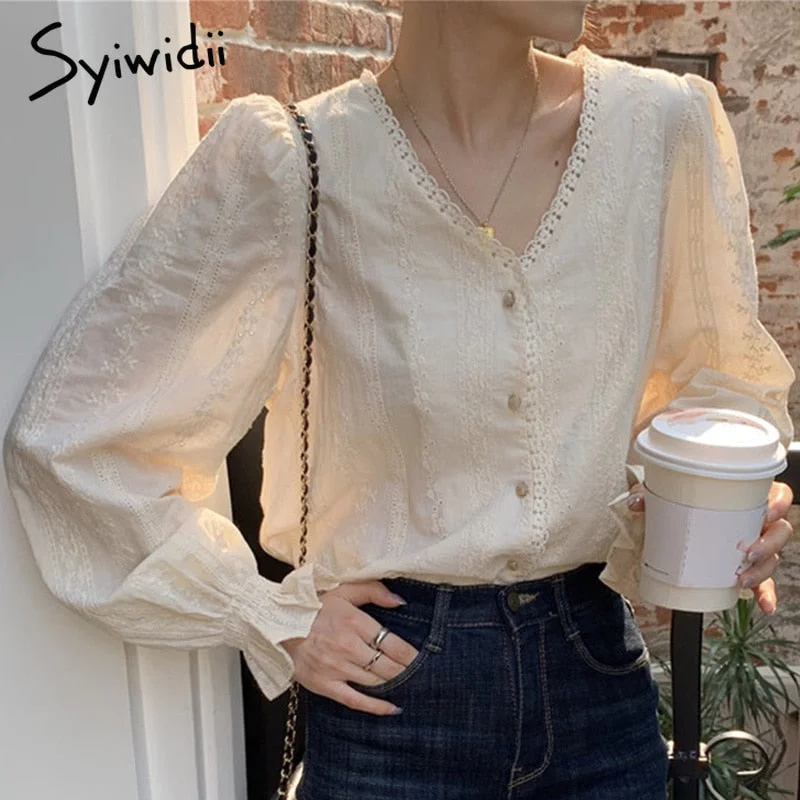 Syiwidii Embroidery Shirts for Women Lace V Neck Long Sleeve Button Up Shirt Korean Elegant Fashion Women Blouses Beige Tops