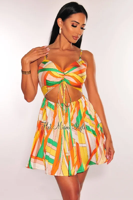Yellow MultiColor Print Spaghetti Strap Ruched Cut Out Pleated Mini Dress Sexy mini dresses