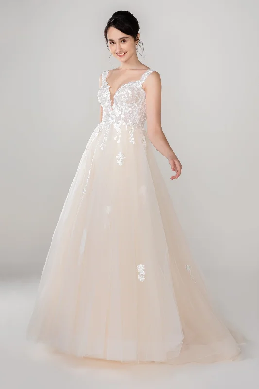 A-Line Sweep-Brush Train Tulle Lace Wedding Dress CW2536 Beaded Wedding Gown
