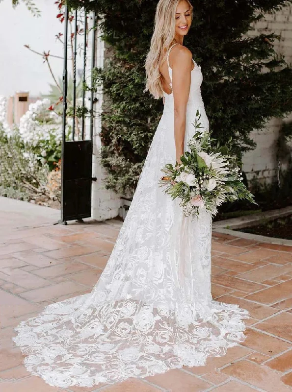 Beach Spaghetti Sheath Wedding Dresses Rose Lace Boho Bridal Gown OW561 Wedding Dress Style