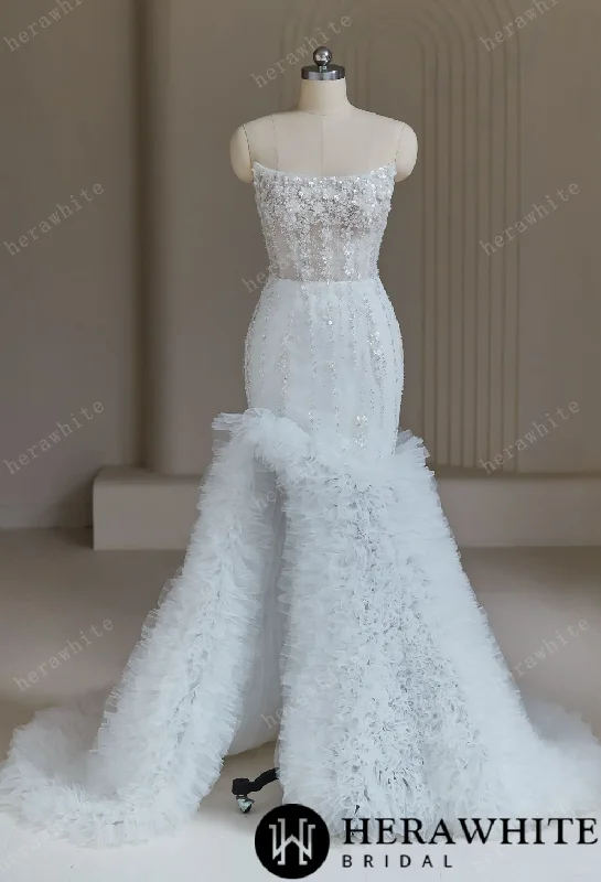 Beaded Wedding Dresses With Cascading Ruffles Lace Wedding Dress