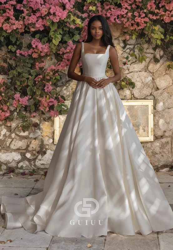 GW1019 - A-Line Square Neck Straps Sleeveless Stain Wedding Dress with Train and Bot Ball Gown Wedding