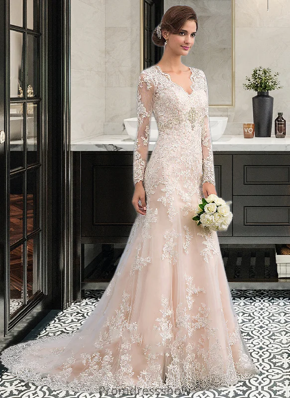 Kaylie Trumpet/Mermaid V-neck Court Train Tulle Lace Wedding Dress STKP0013694 Floral Lace Wedding