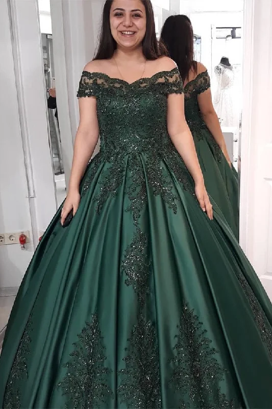 Princess Off-the-Shoulder Dark Green Wedding Dress with Appliques Wedding Dress Long