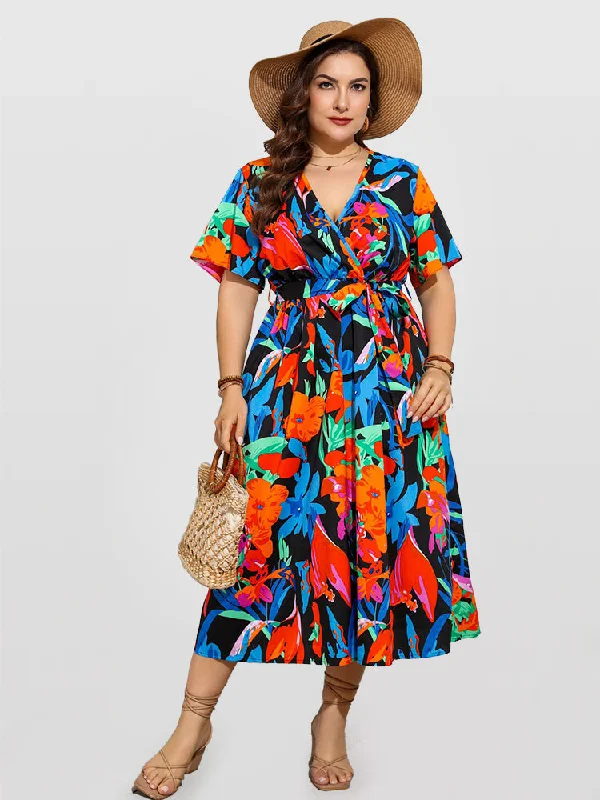 Floral Print V-Neck Crisscross Belted Midi Dress Best midi dresses for tall women
