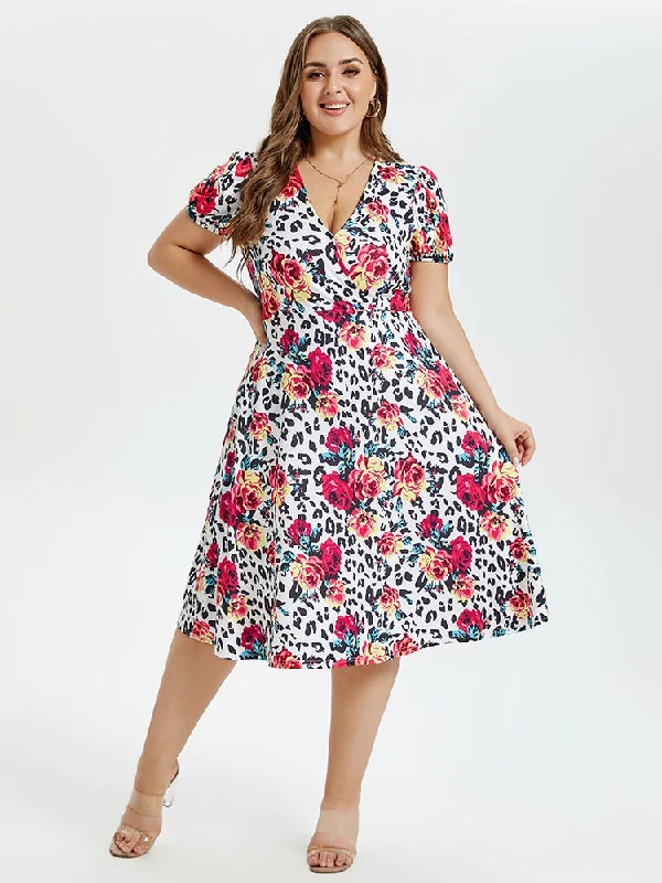 Floral & Leopard Print V-Neck Puff Sleeve Elastic Waist Midi Dress Elegant midi dresses Floral & Leopard Print V-Neck Puff Sleeve Elastic Waist Midi Dress Elegant midi dresses