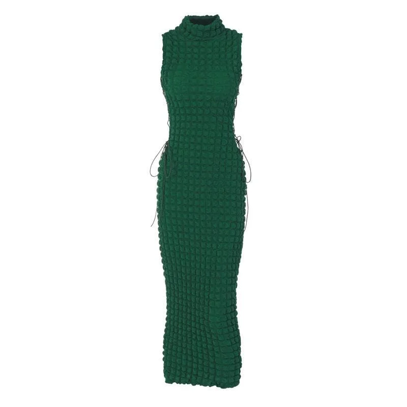High neck lace up side solid waffle sleeveless midi dress Lace midi dresses
