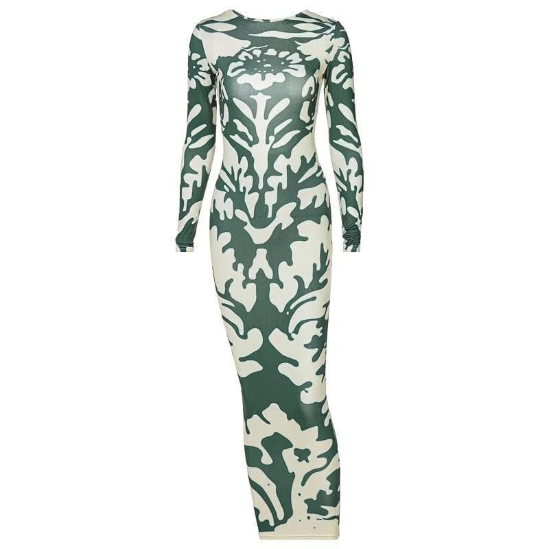 Long sleeve backless print midi dress Office midi dresses