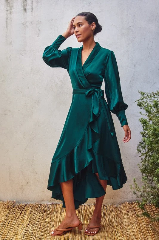 Satin Ruffled Midi Wrap Dress Formal midi dresses