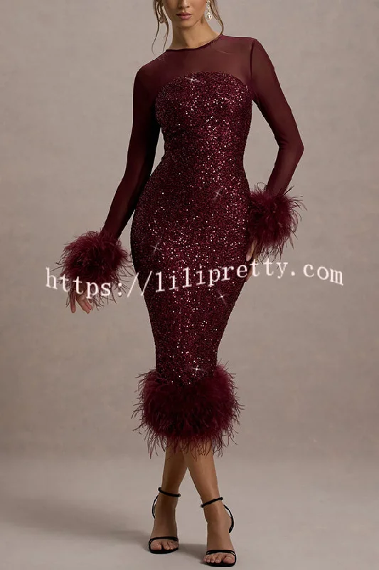 Glamor and Drama Mesh Sequin Patchwork Feather Trim Stretch Midi Dress Anniversary midi dresses Glamor and Drama Mesh Sequin Patchwork Feather Trim Stretch Midi Dress Anniversary midi dresses