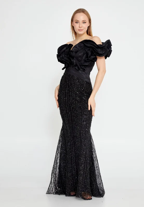 Off Shoulder Maxi Tulle Mermaid Wedding Guest Dress - Black Sexy little black maxi dresses Off Shoulder Maxi Tulle Mermaid Wedding Guest Dress - Black Sexy little black maxi dresses