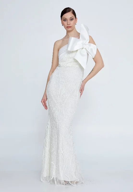 White glittered long dress with a big bow Festival maxi dresses
