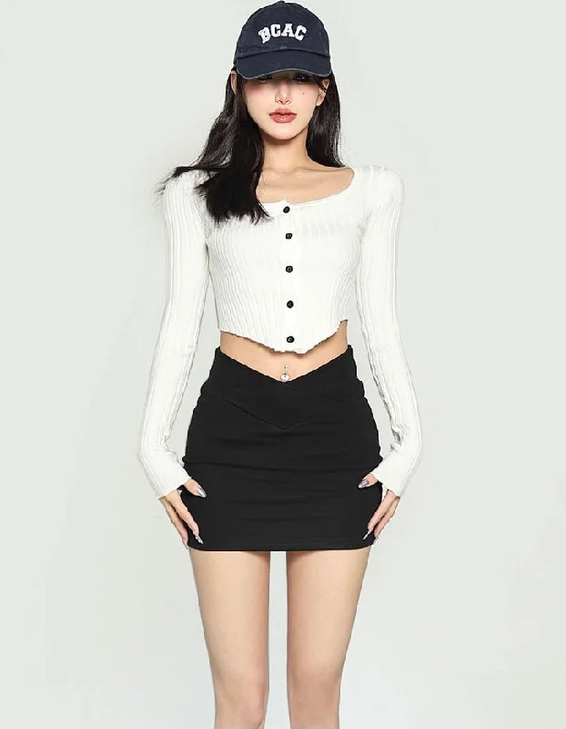 Gia Solid Color Black V-Waist High Waist Slim Mini Skirt Distressed Mini Skirt