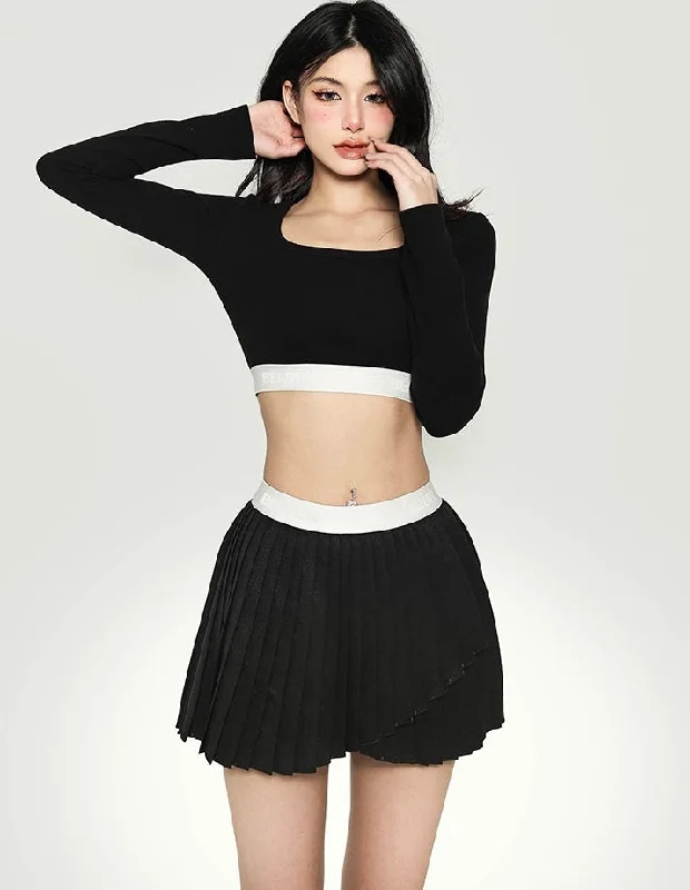 Kaylie Solid Color Wiast Band Pleated Tennis Mini Skirt Soft Denim Skirt