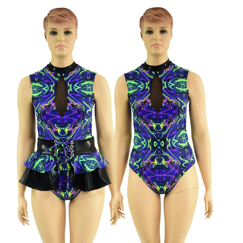 Neon Melt Keyhole Romper & Double Ruffle Mini Laceup Skirt Set Mini Skirt with Pockets