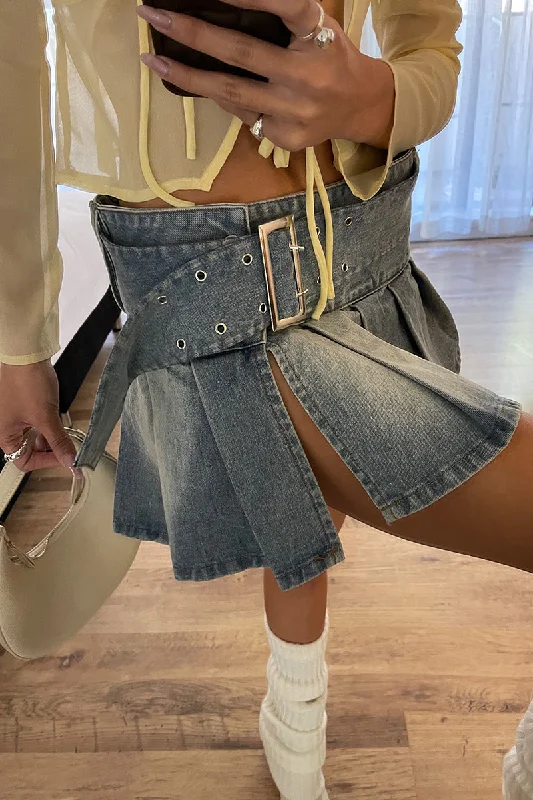 Vanessa Split Waistband Denim Low Rise Pleated Y2k Mini Skirt Soft Leather Skirt