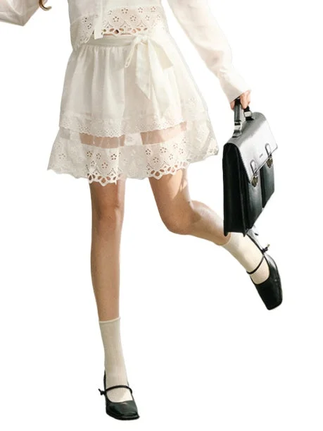 White Lace Trim Mini Skirt Stretch Mini Skirt