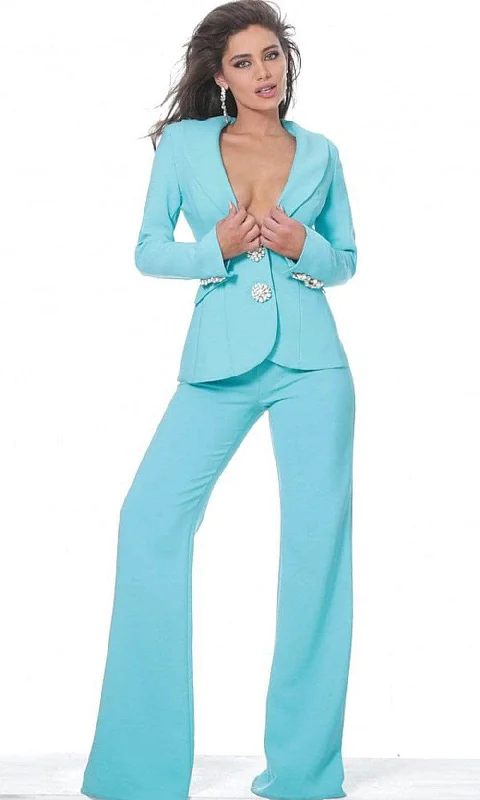 Jovani - Collared Plunging V-Neck Formal Pantsuit 02637SC