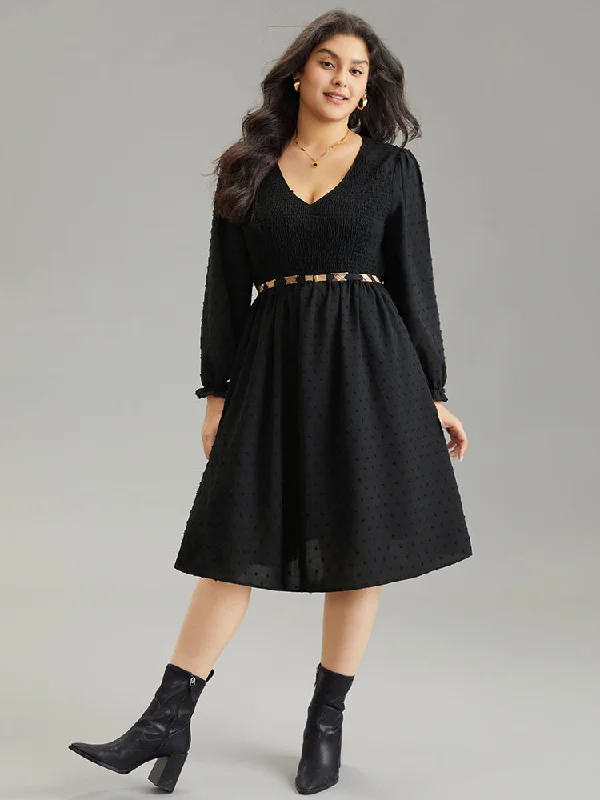 Plain Gathered Texture Shirred Elastic Waist Dress