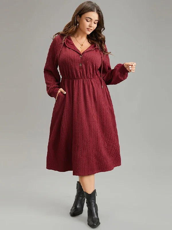 Solid Textured Hooded Button Up Dress