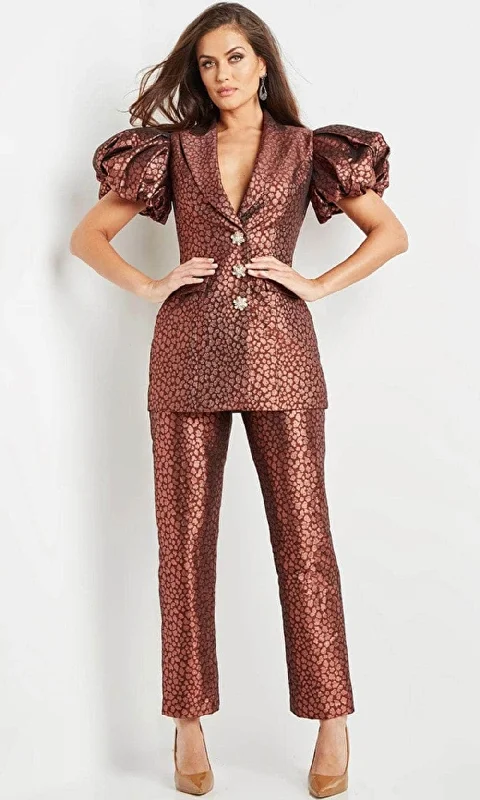 Jovani 09643SC - Puff Sleeve Metallic Pantsuit