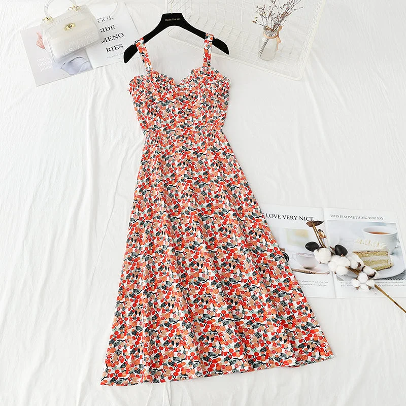 Gentle wind suspender dress French retro floral  4129 Silk floral dresses