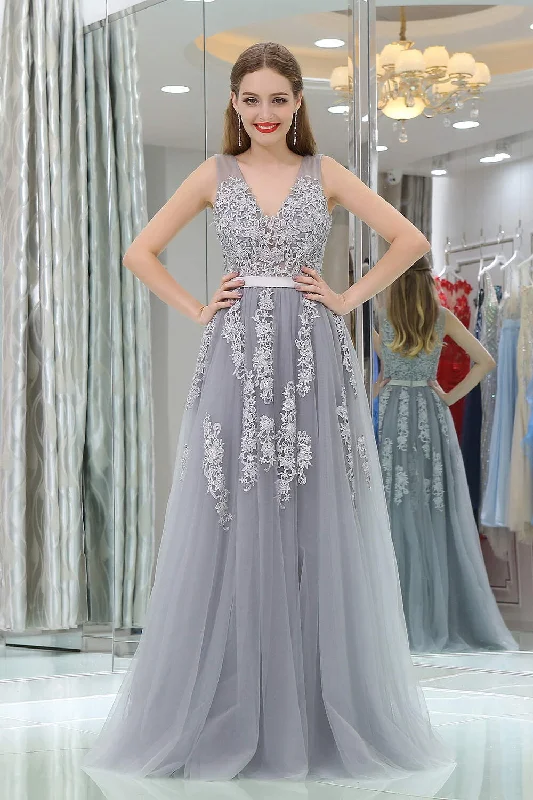 A-Line V-neck Floor-Length Tulle Appliqued Long Corset Prom Dresses outfit