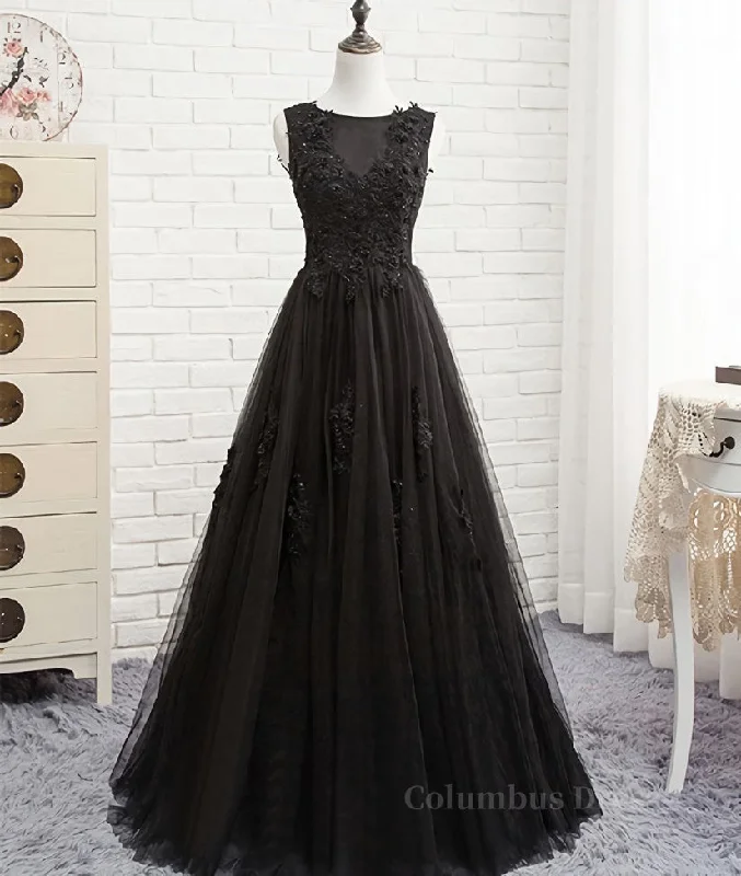 Black round neck tulle lace long Corset Prom dress, black evening dress outfit Boho Tulle Dress