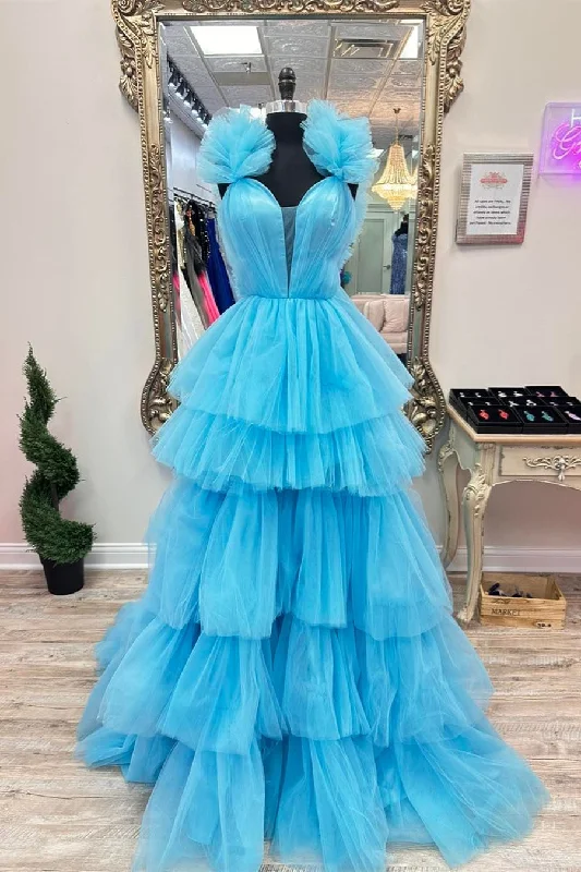 Blue Tulle Ruffles Multi-Layers Plunging V Neck Long Prom Dress Tulle Dress Outfit