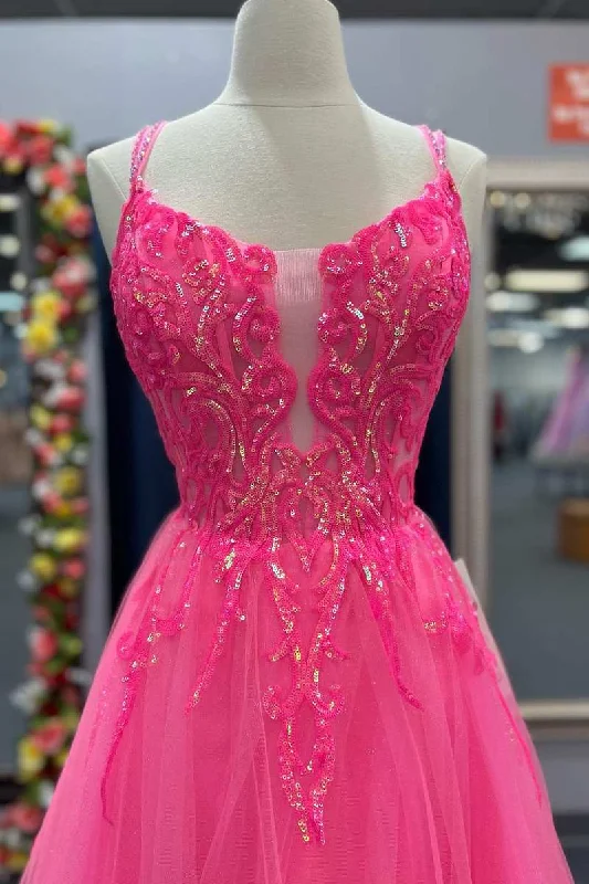 Hot Pink Tulle Appliques Lace-Up A-Line Long Prom Dress Full Tulle Dress