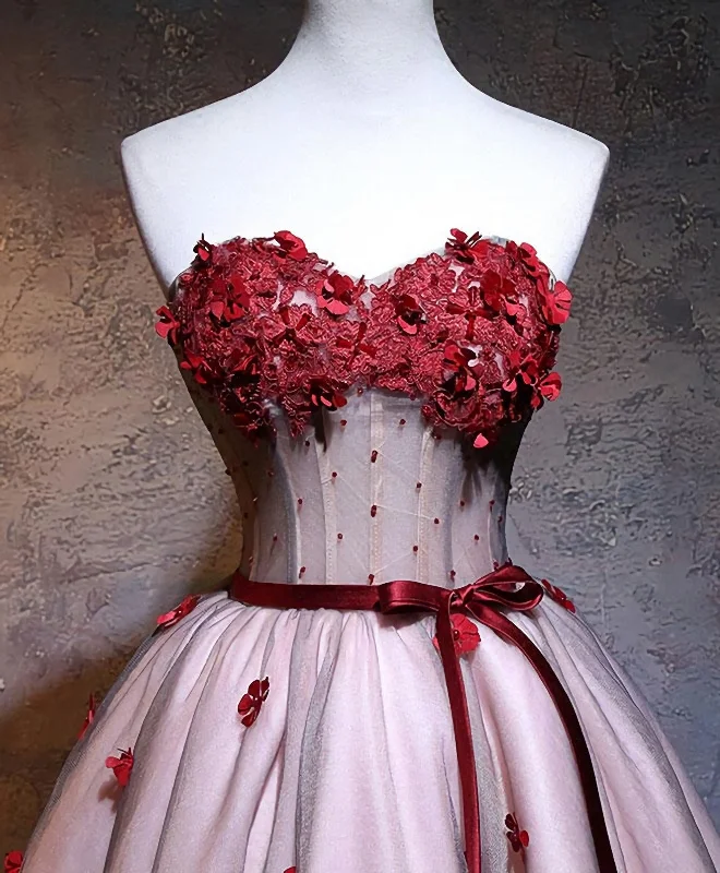 Red Sweetheart Neck Lace Short Prom Dress Lace Bridesmaid Gown