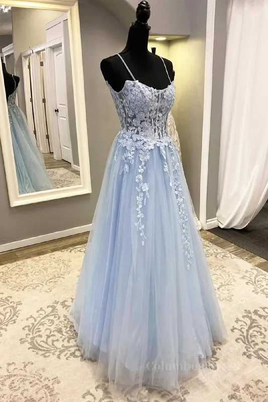 Spaghetti Straps Light Blue Lace Corset Prom Dresses, Light Blue Lace Corset Formal Evening Dresses outfit White Lace Dress