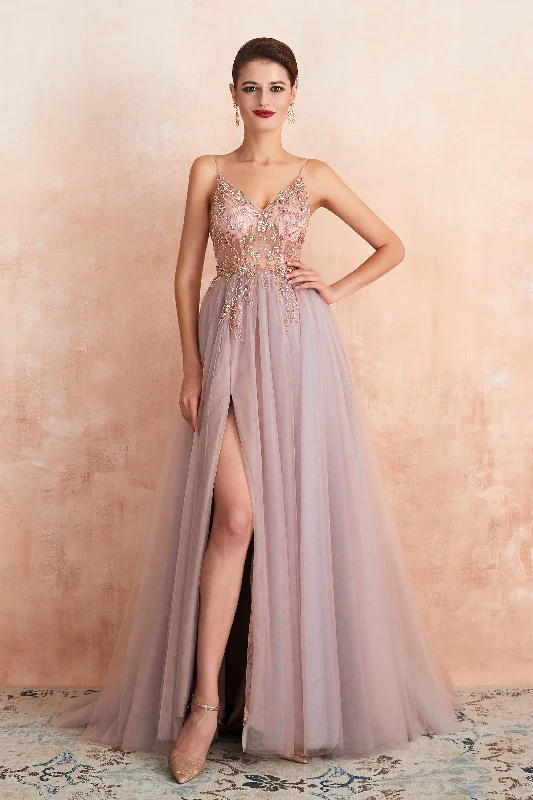 Spaghetti Straps V-neck Sheer Top Tulle Long Corset Prom Dresses with Side Slit outfit Sparkling Tulle Dress