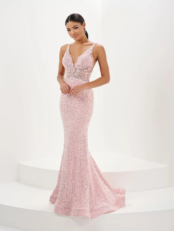 Fitted Applique Sequin V-Neck Gown by Tiffany Designs 16110 Sequin Dress Midi