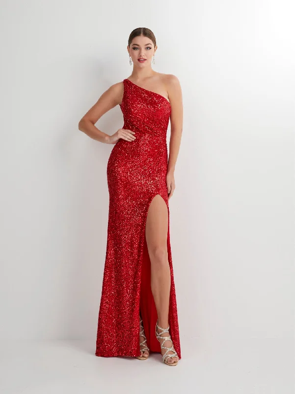 Fitted Sequin One Shoulder Slit Gown by Studio 17 12889 Sequin Dress Glamour