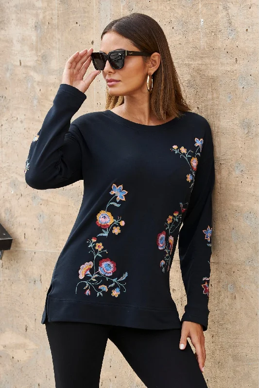 Embroidered Tunic Sweatshirt Black Multi Dress Shirt Chic