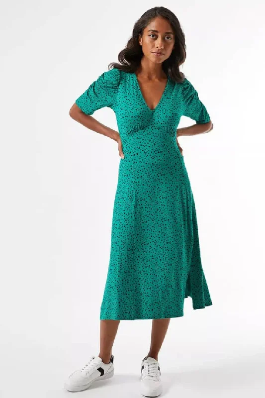 Ruched Sleeve Front Slit Midi Dress Tartan Midi Skirt